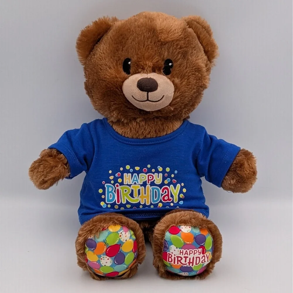 Build A Bear Happy Birthday Brown Teddy Bear Blue Shirt Balloon Paw Plush 16